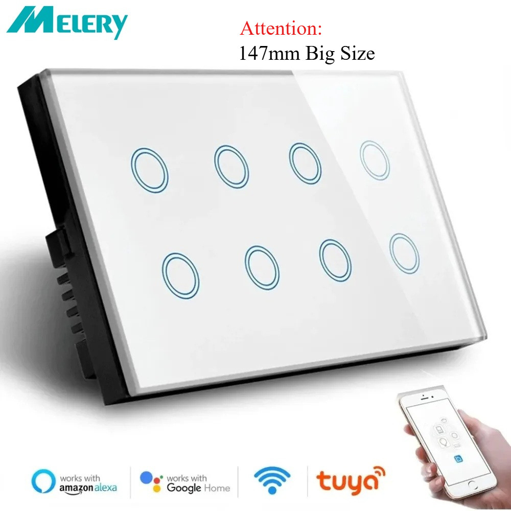 Melery Wifi สมาร์ท Touch Light Wall Switch Interruptor แผงแก้ว 8 Gang 147*86 มม.Tuya App SmartLife ใช้งานร่วมกับ Alexa Google Home Assistant