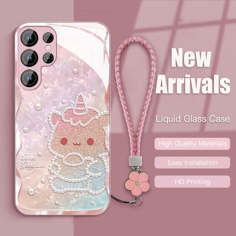 เคสกระจกเหลวสําหรับ Samsung S26Ultra,S25Ultra,S24,S23FE A56 A55 หมีน่ารักเคสโทรศัพท์พร้อมสายคล้องมือกรอบนุ่มกลับลายนิ้วมือทนรอยขีดข่วน S23Ultra