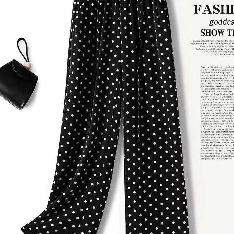 Polka Dot Wide Leg Pants Women's Summer Thin High Waist Drooping Chiffon Ice Silk Straight Slimming 