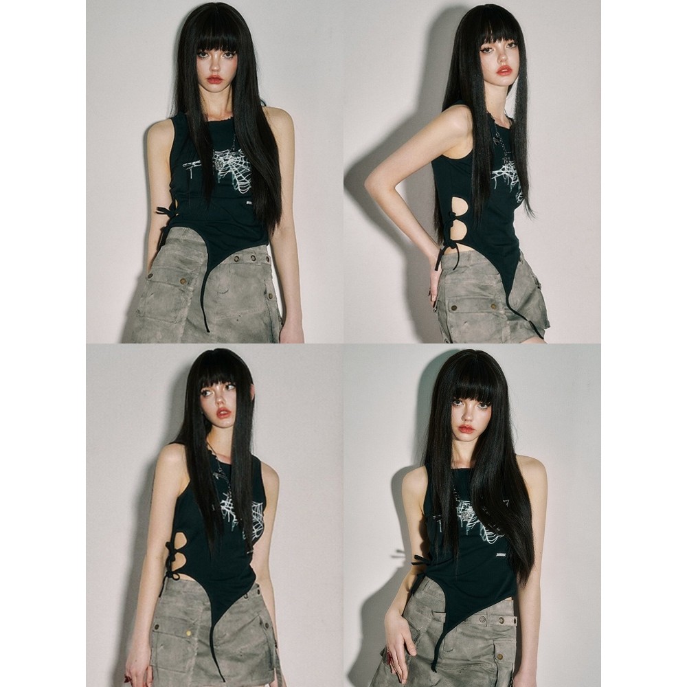 💘Bonnie💘เสื้อกล้าม แบบเข้ารูป สายผูก พิมพ์ลายสไตล์สาวพังก์ เสื้อแขนกุด ใส่สบาย แฟชั่น เสื้อผ้าผู้หญิง