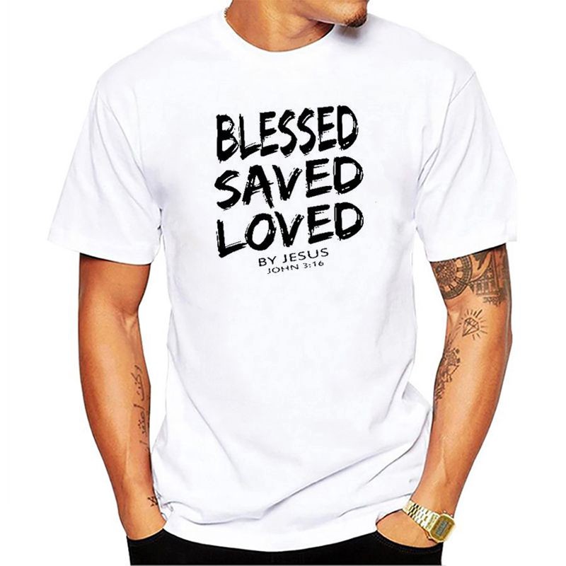 CODNew ฤดูร้อนตลก Tee Christian Jesus BLESSED SAVED LOVED Letter John 3 16 Bible Lines T เสื้อสําหรั