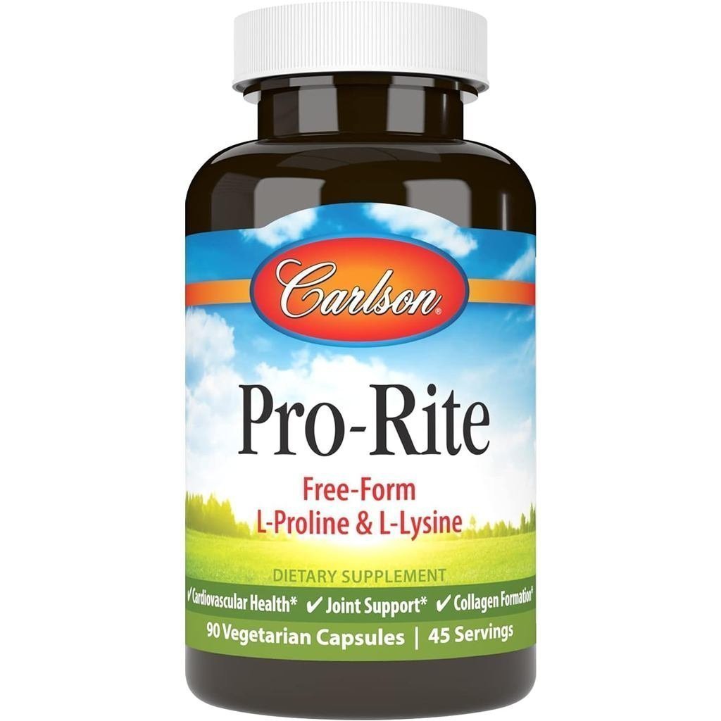 Carlson Pro-Rite แคปซูลเสริมอาหารที่ประกอบด้วย L-proline และ L-lysine เพื่อสนับสนุนข้อต่อและสร้างคอล