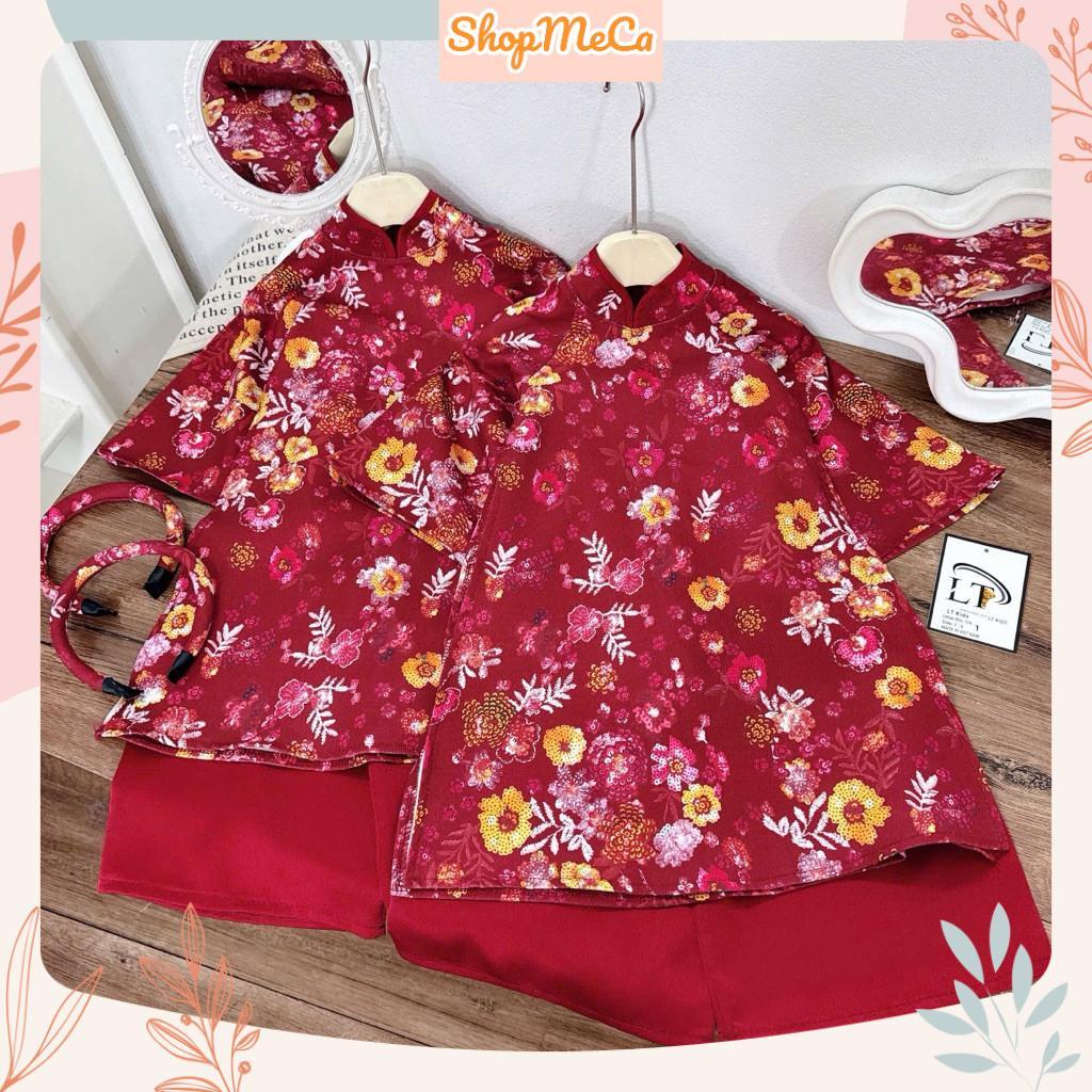 LT123, Set ao dai สีแดงทันสมัยพร้อมดอกไม้หลากสีและแผงคอสําหรับสาวน้อยใส่ในช่วง Tet