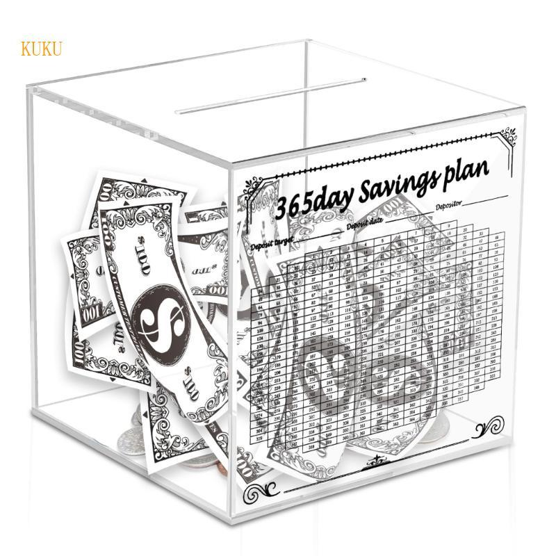 KU* โถประหยัดอะคริลิคใสธนาคารเหรียญพร้อมเคาน์เตอร์ 365 Day Saving Challenge Box