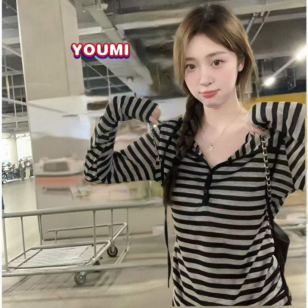 ส่งไวจากไทย ลําลอง 2สี เสื้อแขนยาวผู้หญิง สําหรับสตรี ลายทาง สไตล์วินเทจ🍒YOUMI