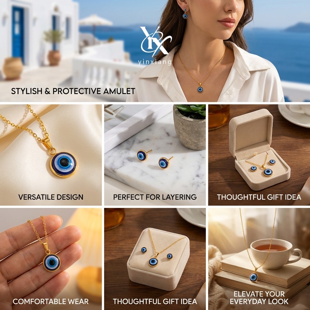 YX Evil Eye ชุดเครื่องประดับ Boho สไตล์ Y2K สร้อยคอนิกซีลและต่างหู สำหรับงานปาร์ตี้ ราคา ถูกที่สุด ดีลบีเคเค แกลเลอรีภาพที่ 2