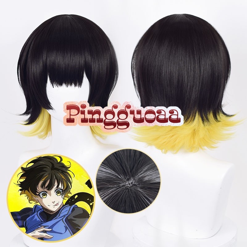 🔥 【Manmei】BLUE LOCK Bachira Meguru Cosplay Wig 36cm Short Black Yellow Heat Resistant Fiber Hair