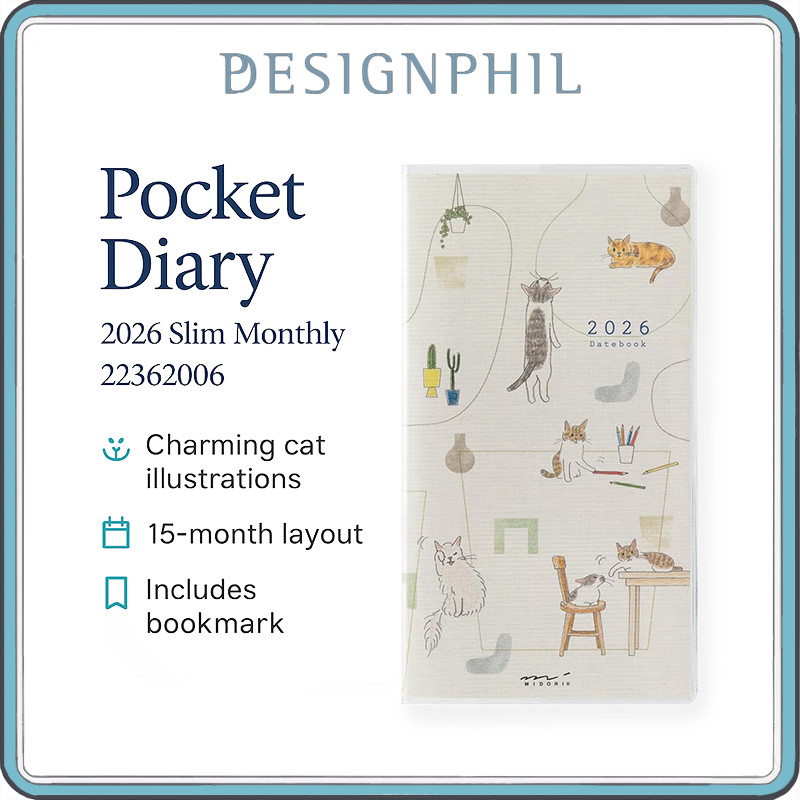 Midori Japanese Pocket Diary 2026 – Cat Illustrated Slim Monthly Planner, 15 Month January Start Inc