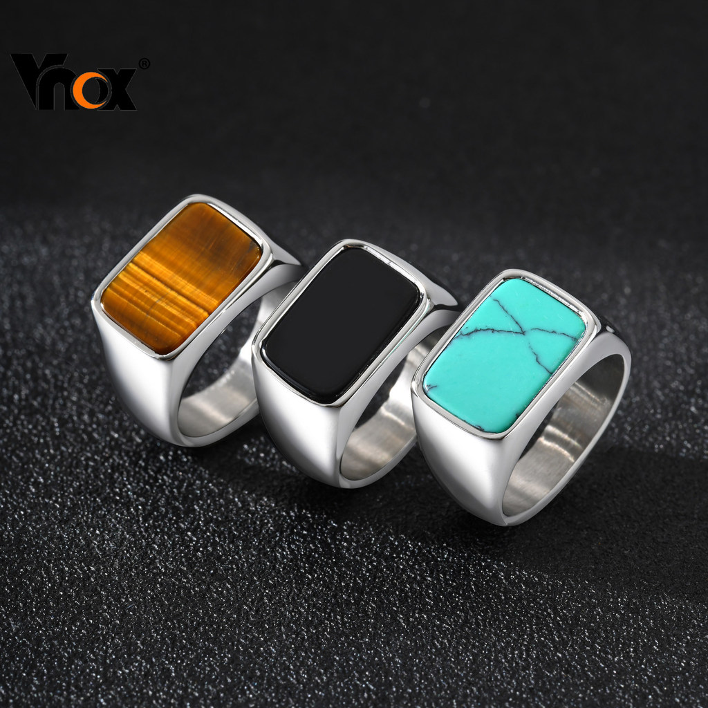 Vnox Retro สแตนเลสเรขาคณิตแก้วหินแหวน กันน้ําทรงสี่เหลี่ยม สำหรับผู้ชาย พร้อมมอบเป็นของขวัญ