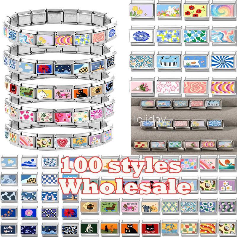 Wholesale Colorful Eyes Hand Flower Cat Italian Charms Fit 9mm Stainless Steel Women Fashion Bracelet DIY Jewelry Gift