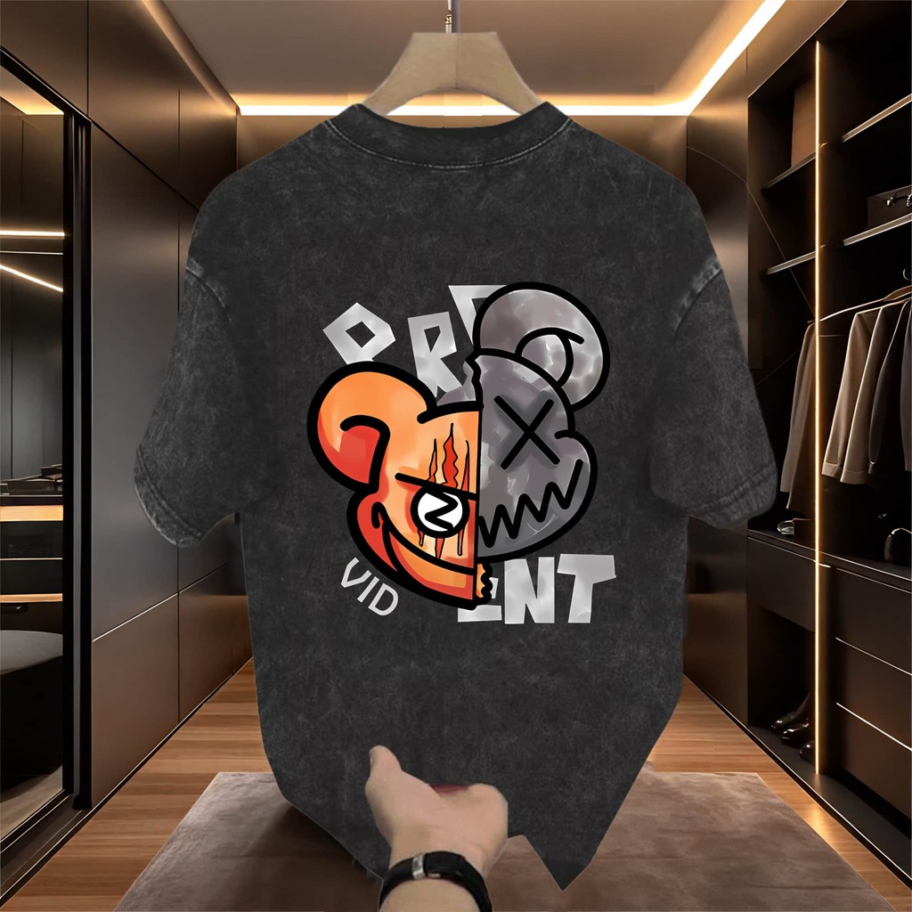 UT shop เสื้อยืด เสื้อยืดฟอก oversize ผ้าCotton 100% คอกลม เสื้อแฟชั่น 'BEAR VID'  สบายและนุ่ม  ฤดูร้อน S-3XL