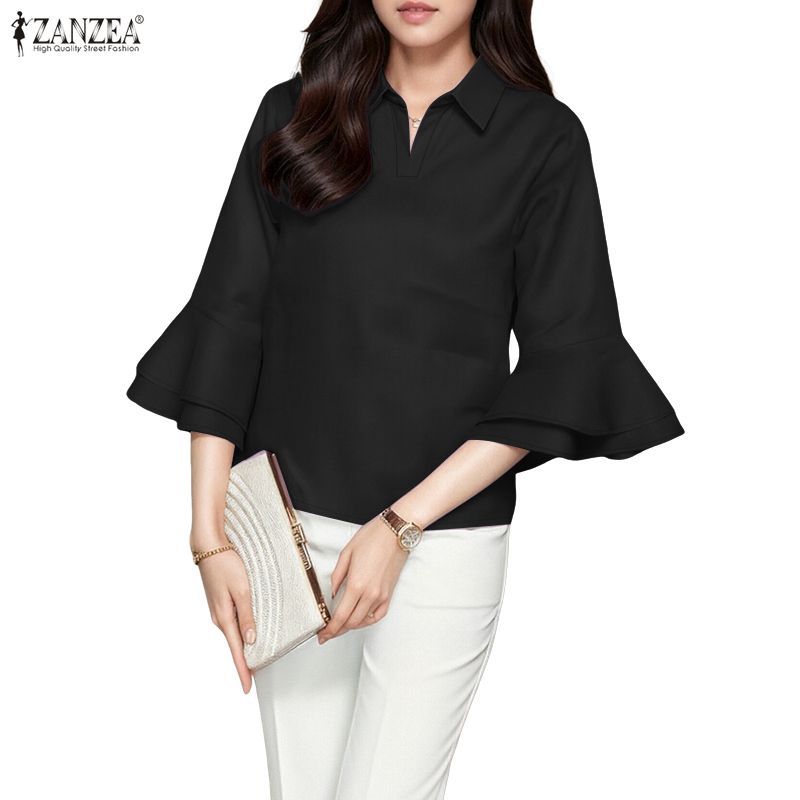 ZANZEA กระโปรงแขนกุดสำหรับผู้หญิง สไตล์เกาหลีเรียบร้อยมีระบาย มีระบายที่แขน 3/4 และปกพับกลับ