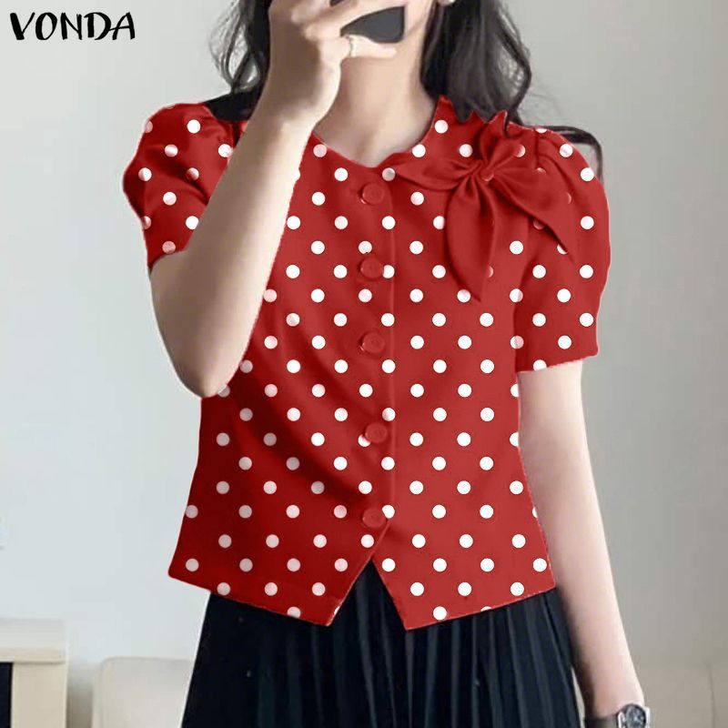 VONDA ผู้หญิงเกาหลีลําลองรอบคอสามมิติลายดอกไม้ลายจุดแขนสั้นทอผสมเสื้อรูปตัว H — صورة 6
