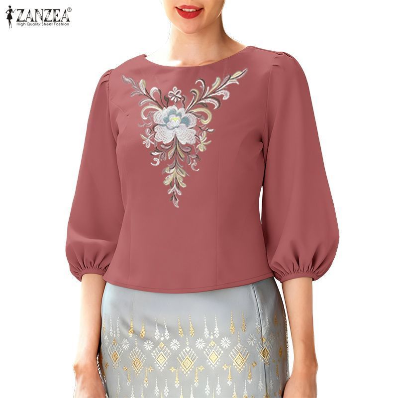 ZANZEA เสื้อแฟชั่นเกาหลีสำหรับผู้หญิง แขน3/4 ติดกระดุม ลายดอกไม้ — صورة 4