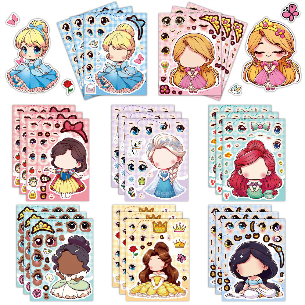8PCS การ์ตูน Disney Princess ปริศนาเปลี่ยนสติกเกอร์เด็ก DIY สนุกกันน้ําตกแต่งสติกเกอร์สร้างสรรค์