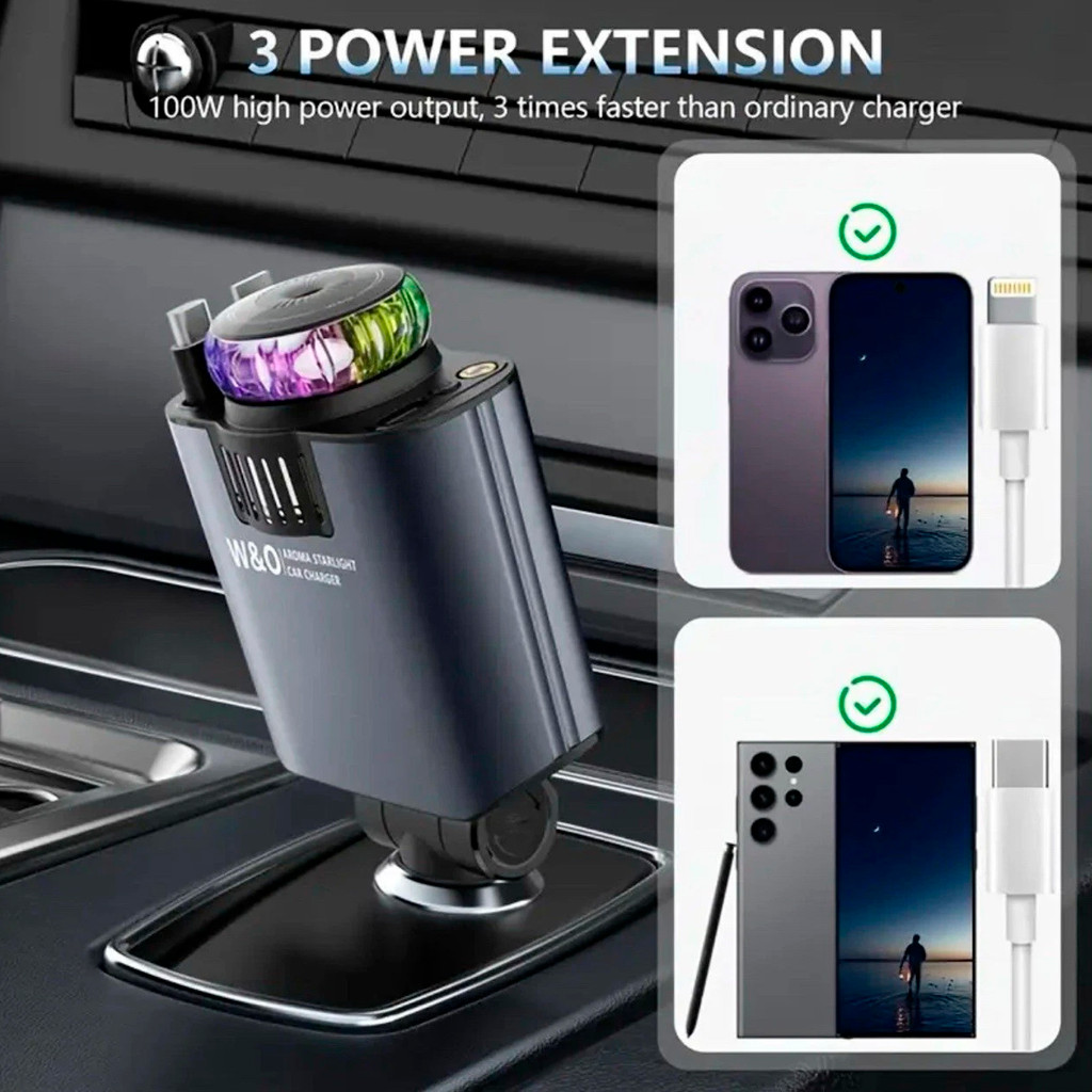 Car Charger 120W Super Fast with Retractable Cable Smart Air Freshener Charger USB-C