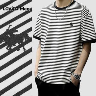 Lovito Men เสื้อยืดลําลองผู้ชายลายทางคอปกตัดสีดําและขาวสําหร…