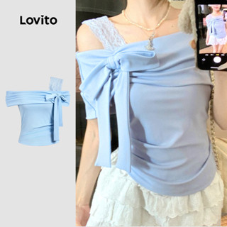 Lovito เสื้อยืดลําลองผู้หญิงไหล่เฉียงสีฟ้าอ่อนฤดูใบไม้ผลิ/ฤด…