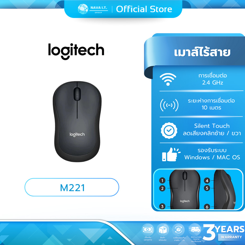 (มีส่งด่วน) เมาส์ไร้สาย Logitech Wireless Mouse Silent M221 Charcoal