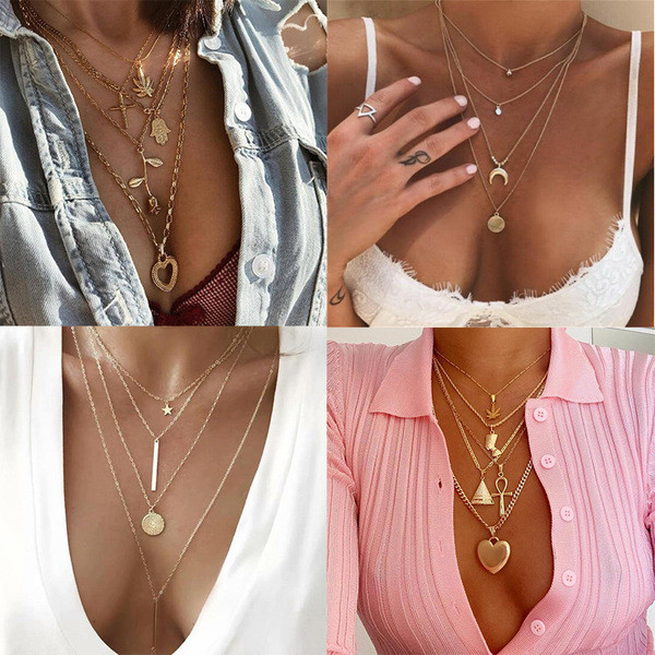 สร้อยคอ สร้อยคอมuti-layer วินเทจบวกฮิปฮอป ออกแบบไม่เหมือนใครจากโลหะผสม สำหรับคนชอบแฟชันสร้างสรรค์