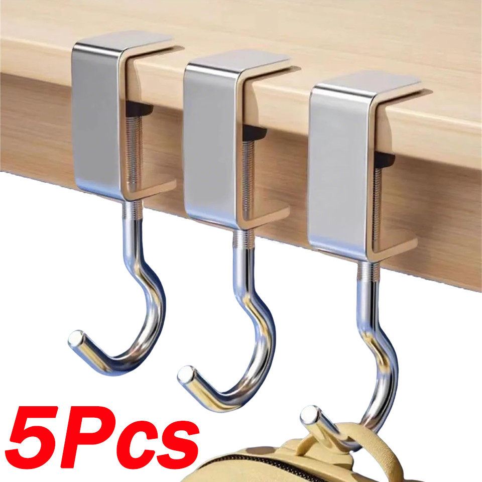 1/3/5ชิ้นปรับภายใต้ตะขอโต๊ะ/โต๊ะเมากระเป๋าผู้ถือตะขอ/360° ตะขอแขวนโต๊ะเหล็กหมุนได้
