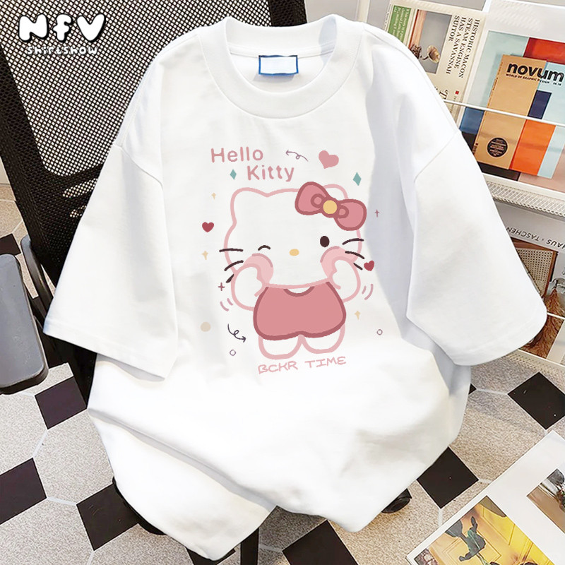 【จัดส่งจากกรุงเทพฯ】NFV✨เสื้อยืดคอกลมแขนสั้นลา ยแมวน่ารัก oversize ผ้าคอตตอน YG732