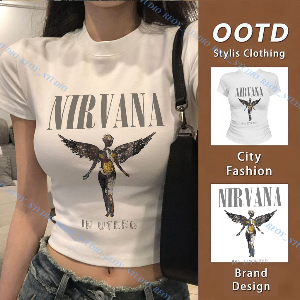 REOY♥เสื้อยืดเซ็กซี่ เสื้อพิมพ์ลาย 💋 เสื้อยืดสวยๆผู้หญิง แขนสั้น ทรงเข้ารูป เซ็กซี่ สไตล์อเมริกันย้อนยุคเรียบง่าย#2443