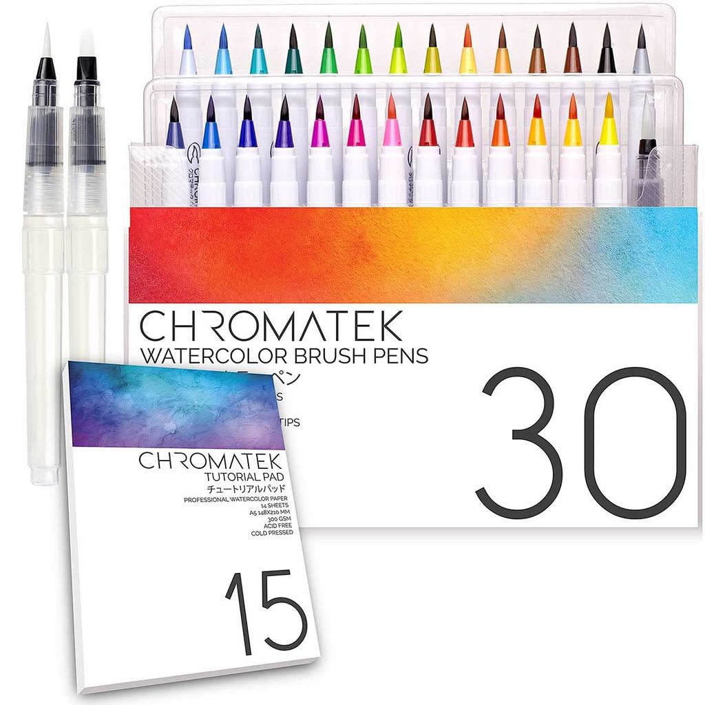 CHROMATEK Watercolor Brush Pen Set of 30 | 15-Page Tutorial Pad & Online Video Series | Brush Tips |