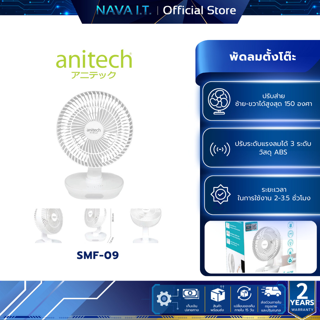 ANITECH พัดลมชาร์จไฟ รุ่น SMF-09 WHITE พัดลมชาร์จไฟ ปรับระดับแรงลมได้ 3 ระดับ