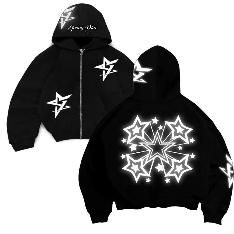 XHXH Spider สะท้อนแสง Hoodie แนวโน้มแจ็คเก็ตซิปเสื้อกันหนาว 24S ผ้าฝ้าย Unisex Moto Hoodie