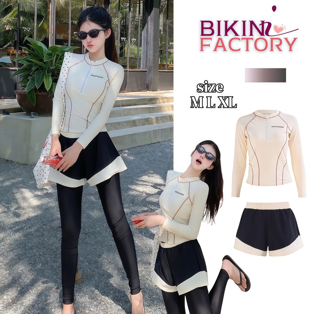 BIKINI FACTORY ชุดว่ายน้ำขาสั้นผู้หญิง ชุดว่ายน้ำสปอร์ตผู้หญิง ชุดว่ายน้ำแขนยาว 👓มีไซส์ M-XL | น้ำหนัก 40-65 กก. Y602