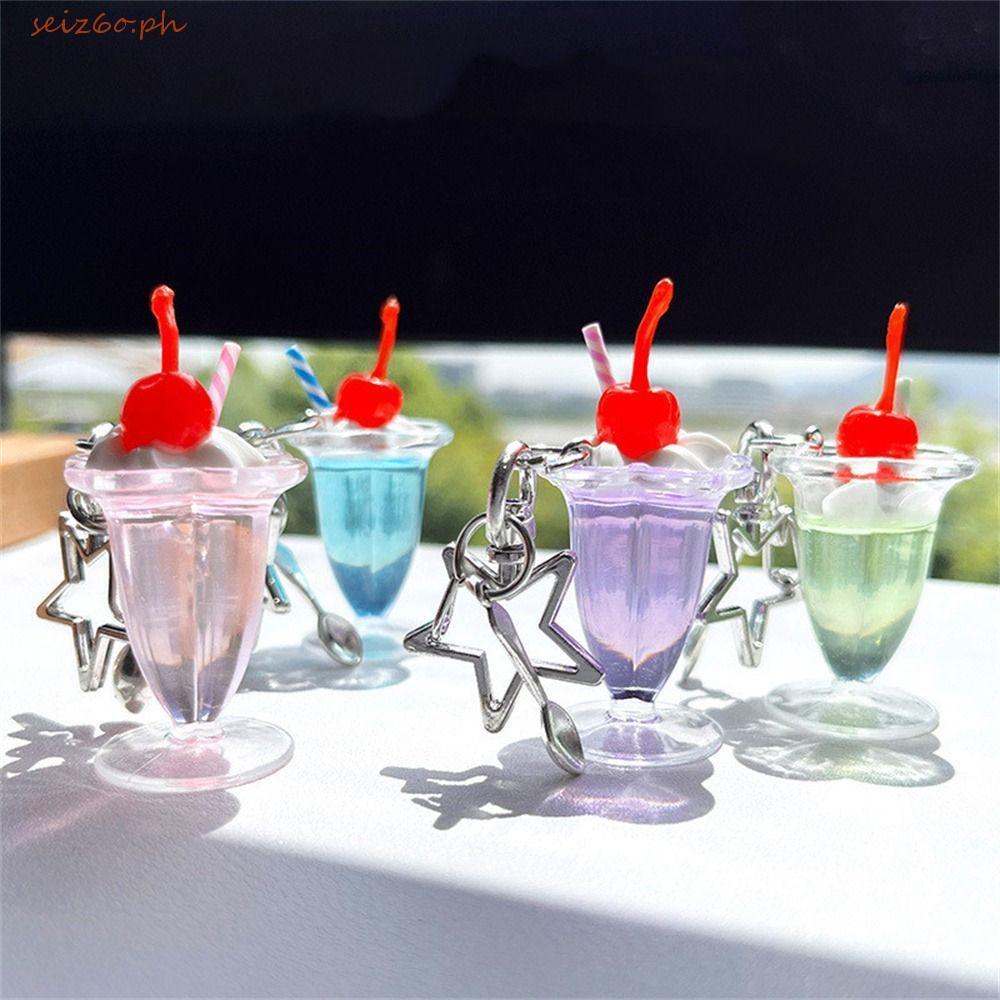 SEIZ6O Ice Cream Key Chain, 3D จําลอง Star Cherry Cream Cup, Y2K อุปกรณ์เสริมพวงกุญแจจี้แฟชั่นสายคล้