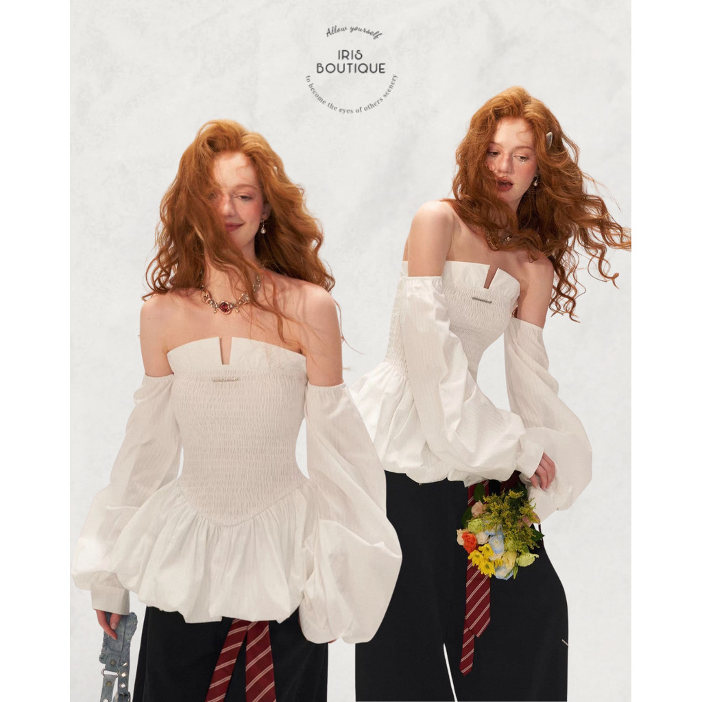 [ พร้อมส่ง ] IRIS BOUTIQUE 26ssNew collectionIS8744Elara Off-Shoulder Smocked Peplum Top ดีไซน์เสื้อเปิดไหล่สม็อคช่วงอก