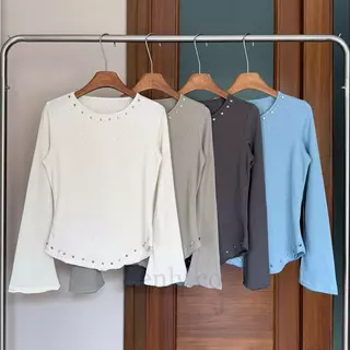 **พร้อมส่ง SM**BY0463 เสื้อแขนยาวแขนกระดิ่ง ผ้าสลาฟไม่ยืด แต่งหมุด benly co