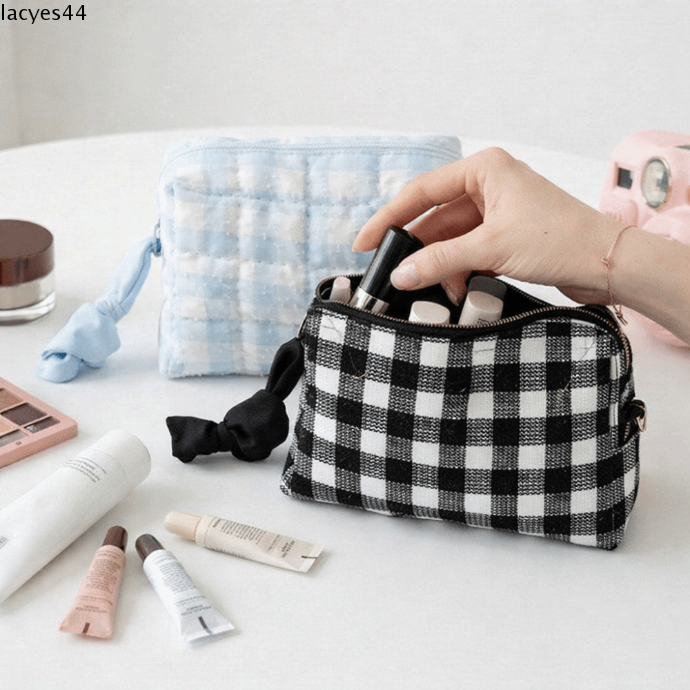 LACYES กระเป๋าเครื่องสําอางลายตารางหมากรุกความจุขนาดใหญ่กระเป๋าแต่งหน้า Washbag สไตล์เกาหลี High Bea