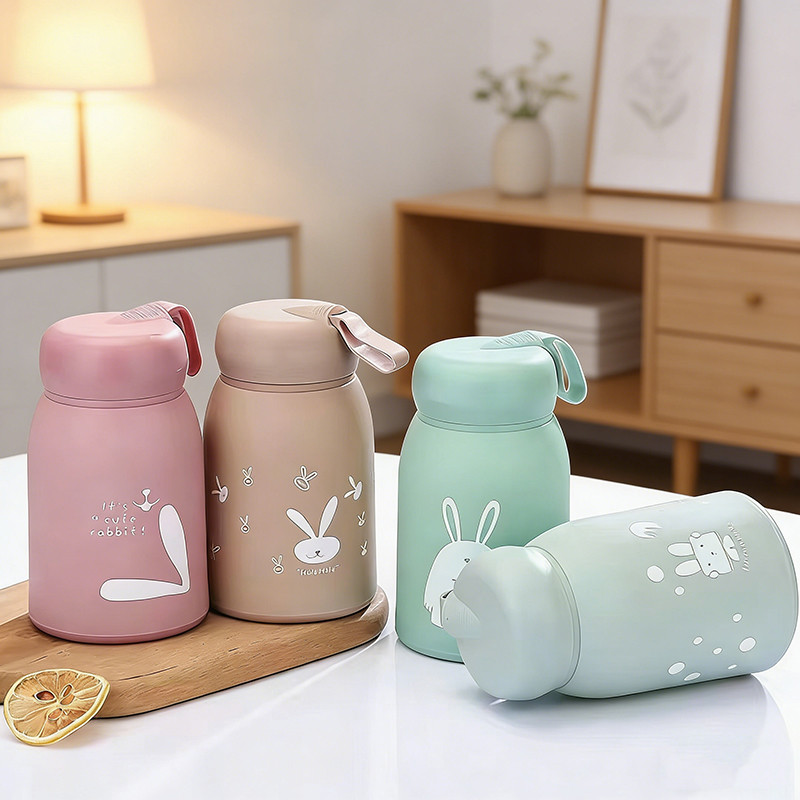 ปลีก/ส่ง ขวดน้ำแก้วเคลือบสี ลายกระต่ายคิวท์ ปลอดภัยต่อสุขภาพ ขายคละสี