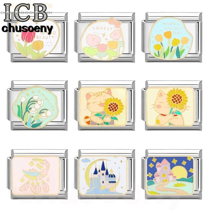 ยอดนิยมรักรอบดอกไม้แมวอิตาเลี่ยน Charm Links Fit 9 มม.สร้อยข้อมือสแตนเลสทําเครื่องประดับ