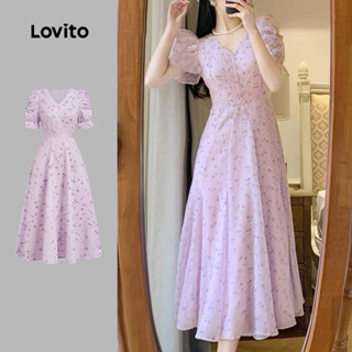 Lovito  เดรสผู้หญิงสีม่วงซิปหน้าฤดูใบไม้ผลิ/ฤดูร้อน ตกแต่งขอ…
