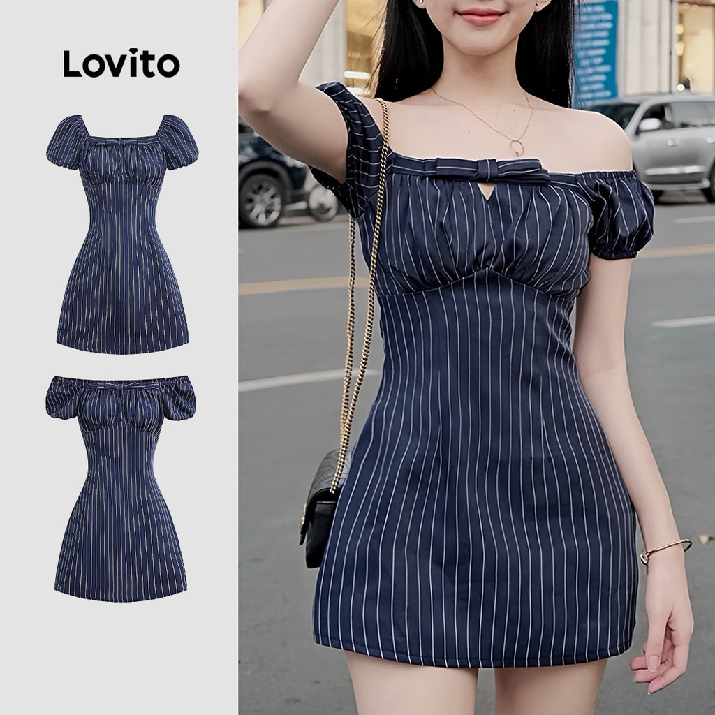 Lovito ชุดเดรสลำลอง โบว์ เดรสฤดูร้อน/ฤดูใบไม้ผลิ สำหรับผู้หญิง L128ED418