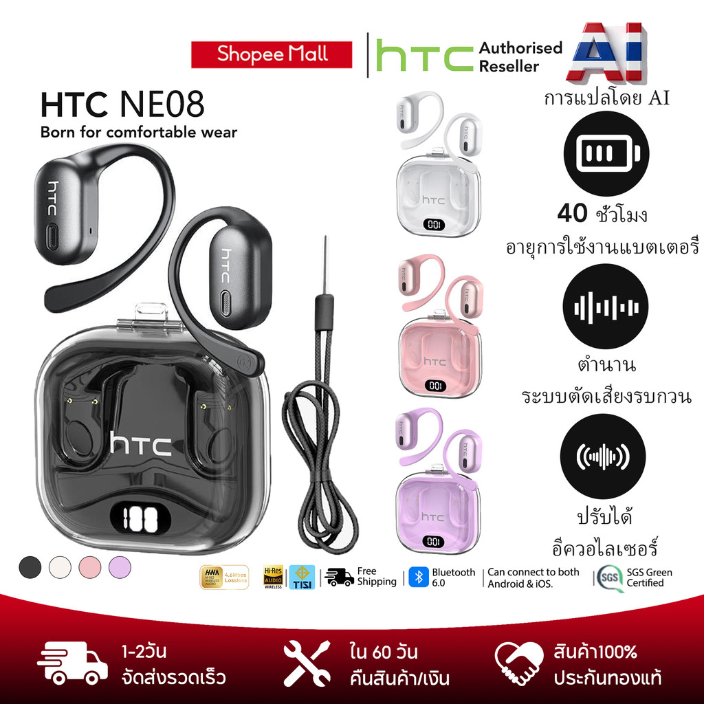 หูฟังบลูทูธไร้สาย HTC NE08 สินค้าแท้หูฟังไร้สาย AI หูฟังแปลภาษา Bluetooth 6.0 ปัญญาประดิษฐ์ ลดเสียงร