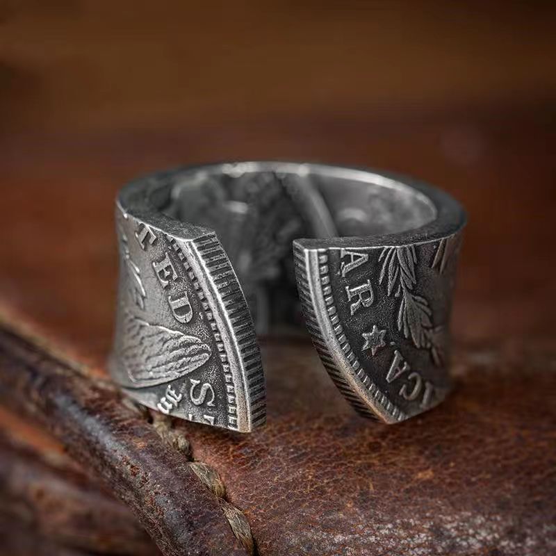 baoluan#Chiba Thai Silver Morgan Coin Modified Ring for Men, Personalized Vintage Open Ring, Women's