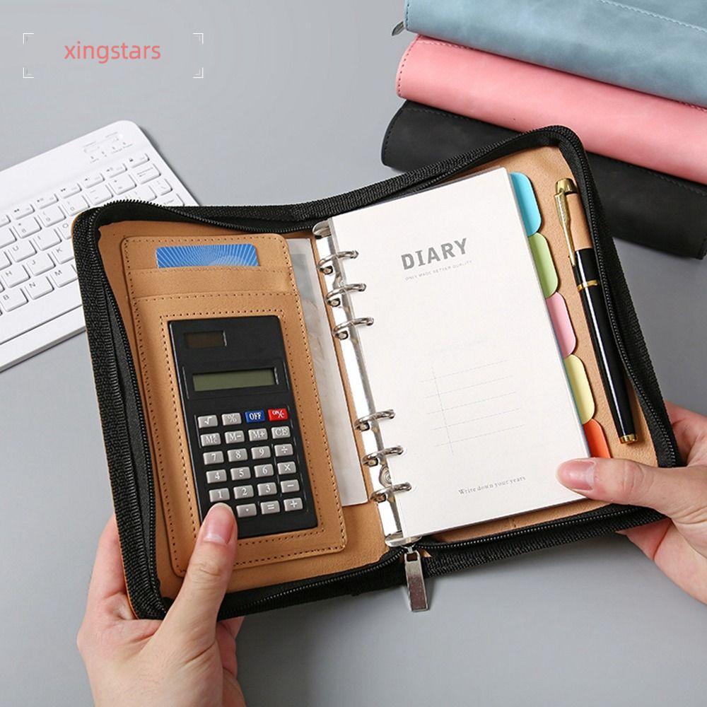 XINGSTARS A6 Leather Notebook, PU Leather With Calculator Business Notebook, Creative Loose Leaf Zip