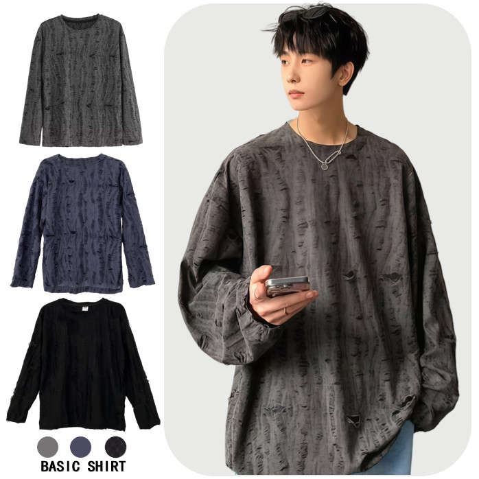 Ripped เสื้อยืดแขนยาวผู้ชาย ins บวกไขมันขนาดใหญ่อินเทรนด์หลวม High Street Design รู้สึกหล่อ Ruffian Bottoming