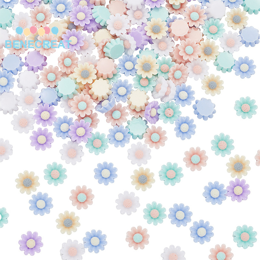 Cabochons Decoden ขนาด 12x4 มม. สไตล์ดอกไม้หลากสี มาในชุดพร้อมฝาครอบ