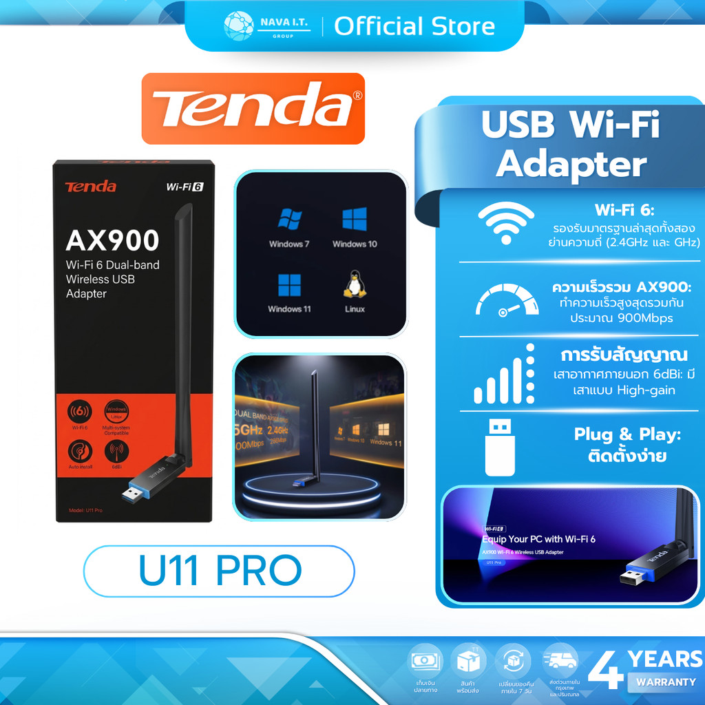 Tenda (U11 Pro) รับสัญญาณ USB WiFi Adapter AX900 Card Dual Band 6dBi Antenna รับประกัน 4 ปี