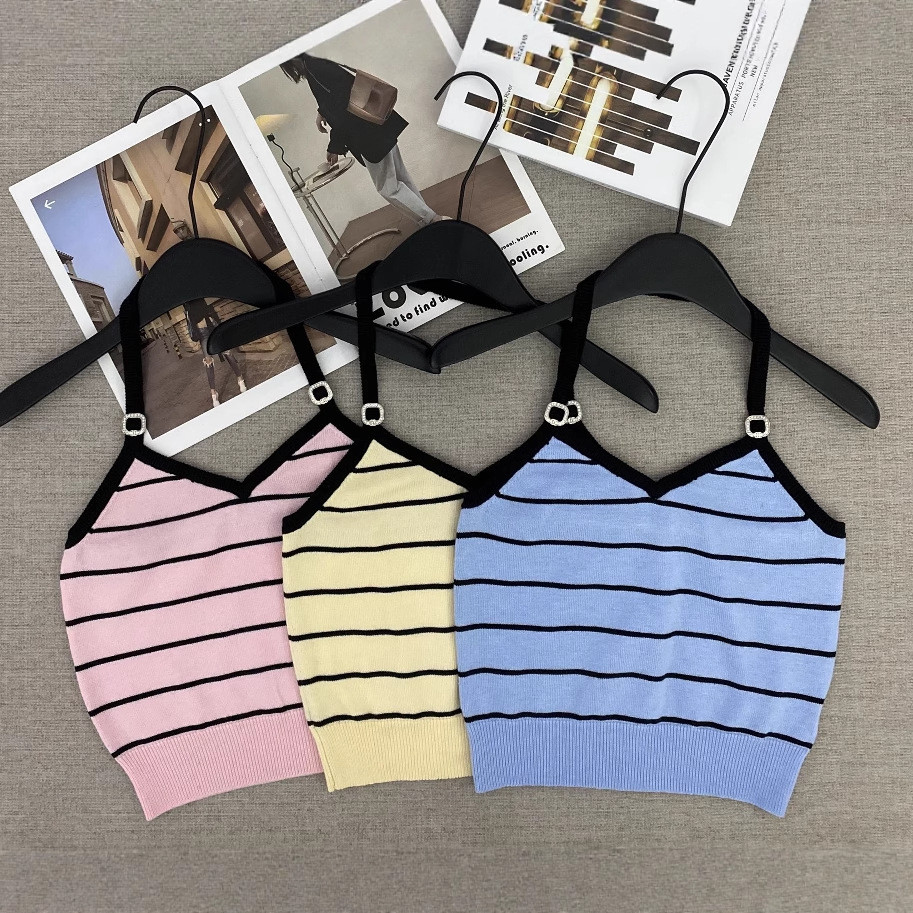JK6X Ch**el 25Spring/Summer New Classic Striped Patchwork Design Halter Neck Striped Knit Tank Top