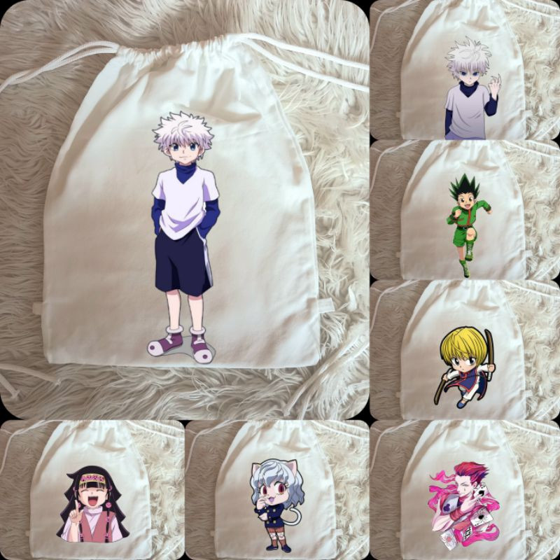 Hunter X Hunter Anime White Drawstring Bag Premium ผ้าใบหนาวัสดุ Hunter x Hunter Anime White Drawstr