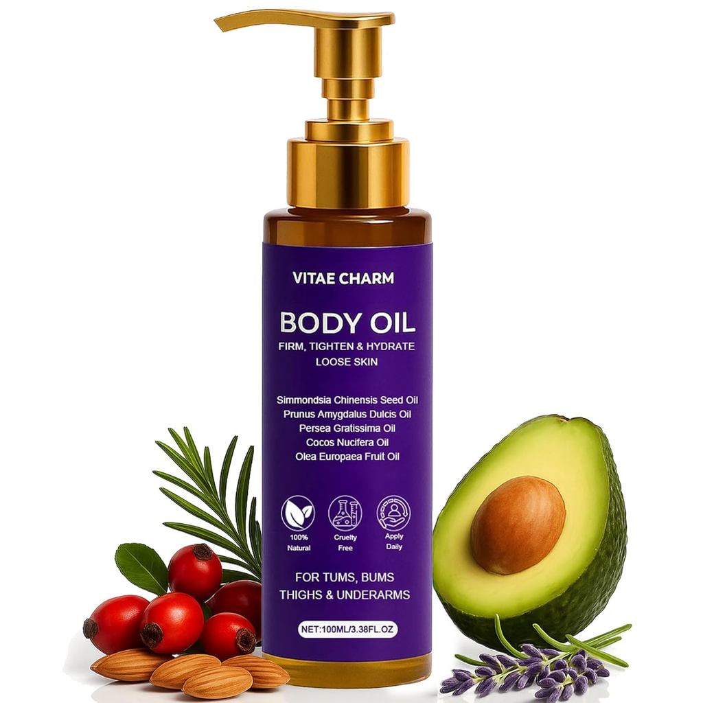 Vitae Charm Body Firming Oil, Luxury Body Oil สําหรับผิวเครป, 8 Natural Plant Cold-Press Oils, Deep 