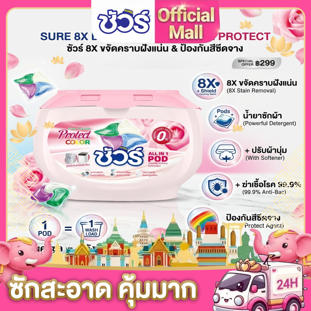 SURE 4in1 เจลบอลซักผ้า ชัวร์ 8X ขจัดคราบฝังแน่น➕น้ำยาซักผ้➕ปรับผ้านุ่ม➕​​น้ำยาฆ่าเชื้อ​➕​​สารป้องกันสีซีดจาง​(30ลูก)