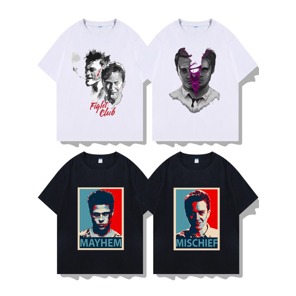 แฟชั่นFight Club Brad Pitt Edward Norton Movie Short Sleeve T-Shirt Casual Loose Fit Cotton Youth Po
